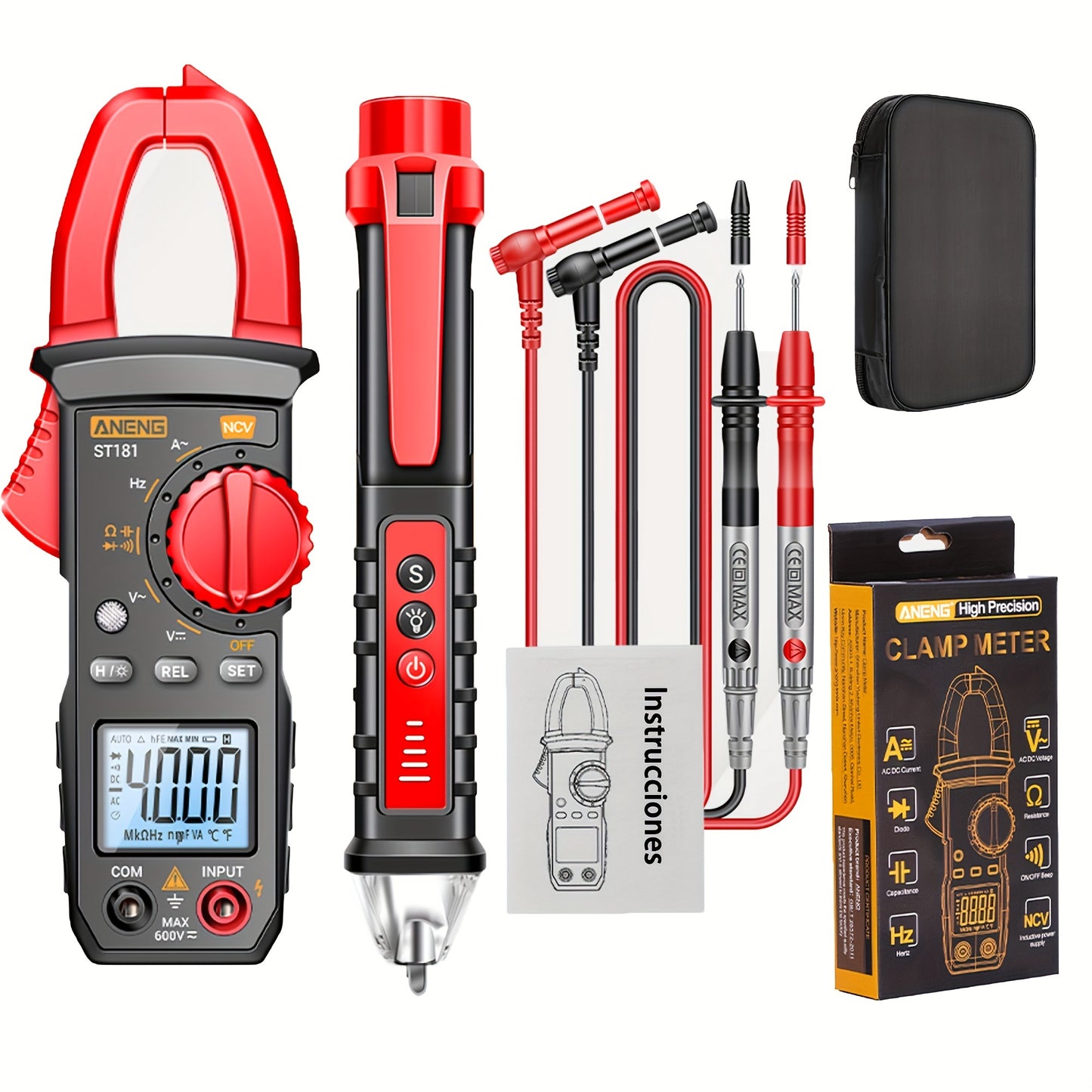 Набор ST181 Advanced Clamp Multimeter включает индукционную ручку и зуммер для измерения тока, напряжения, ёмкости, сопротивления, обнаружения NVC, непрерывности диода и рабочего цикла.