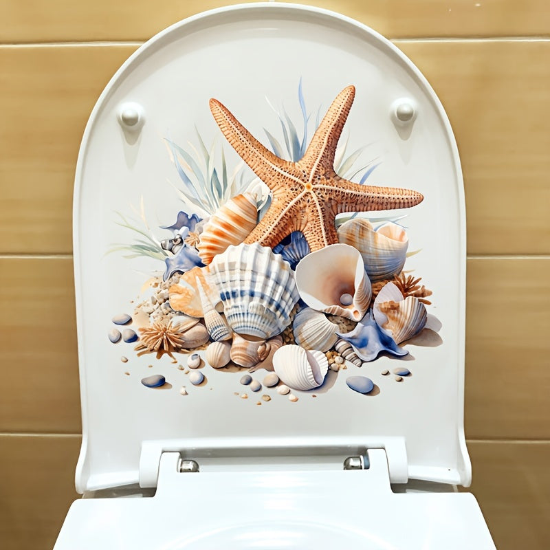 Waterproof toilet sticker with oceanic design: starfish and seashell, self-adhesive PVC, matte finish. Perfect for bathroom decor, easy application on tank and lid. Great Christmas or Halloween gift decoration.