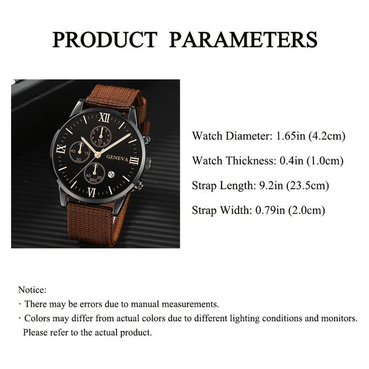 Men's Watch Set: Black Nylon Strap Casual Industrial Style Round Dial Calendar Pointer Quartz Watch with 3 Bracelets - Perfect Gift for Him on Christmas, New Year's Day, or Valentine's Day - No Box Included