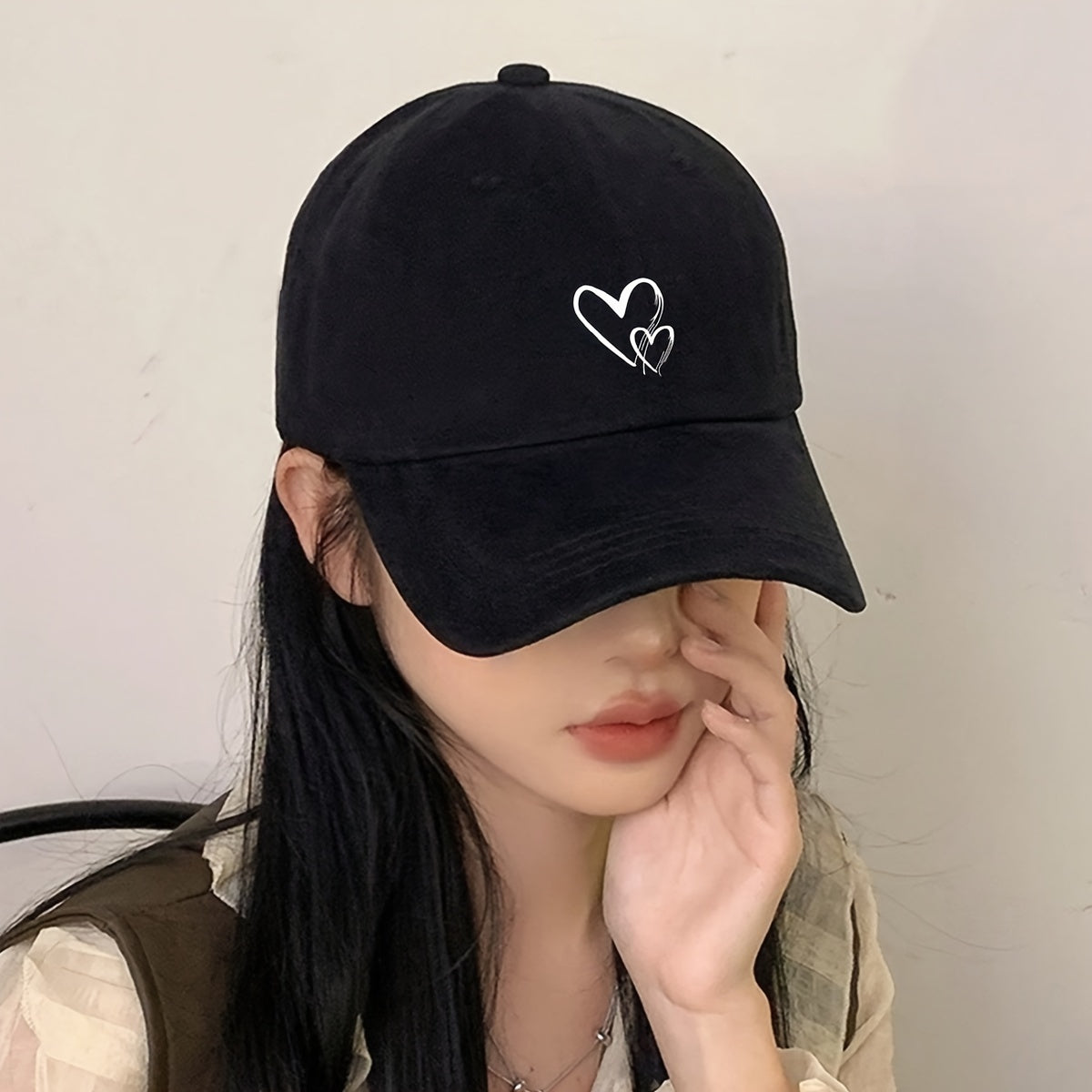 Women's Adjustable Baseball Cap with Love Heart Print - Black Sun Hat for Travel, Vacation & Casual Attire, Breathable Polyester Design