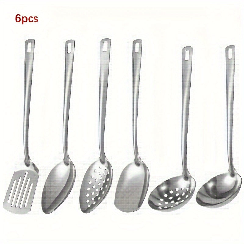 Set of 6 stainless steel utensils in golden, black, and silvery. Includes spatula, rice spoon, colander, and soup spoon. Ideal for buffets, banquets, and gatherings. Mirror polished and dishwasher safe.