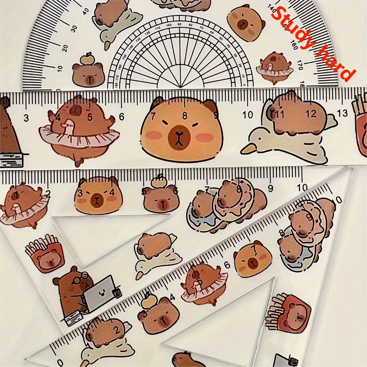 One set of 4 plastic transparent Capybara-themed rulers for drawing tests, including a triangle ruler board. Cute kawaii stationery for school supplies.