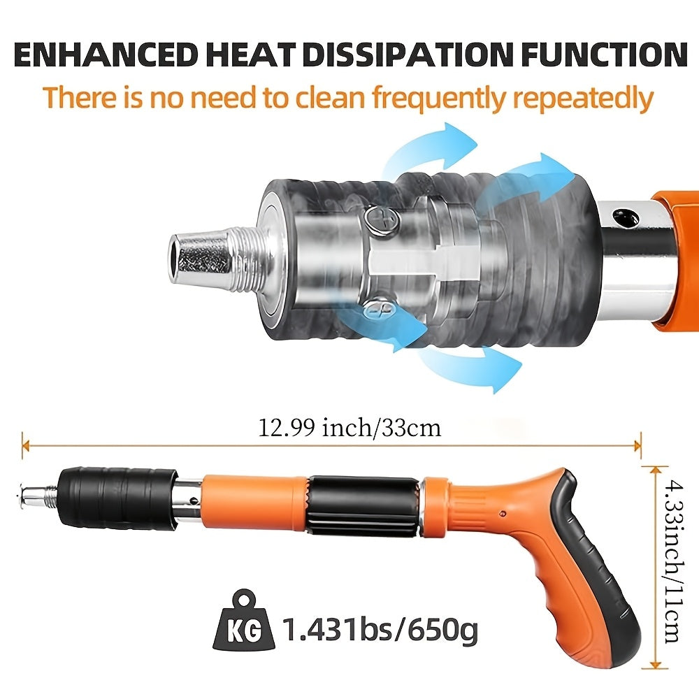 Mini steel nail gun kit with 5-speed adjustable manual operation for woodworking and decor, includes air-powered concrete nailer for brick and cement walls.