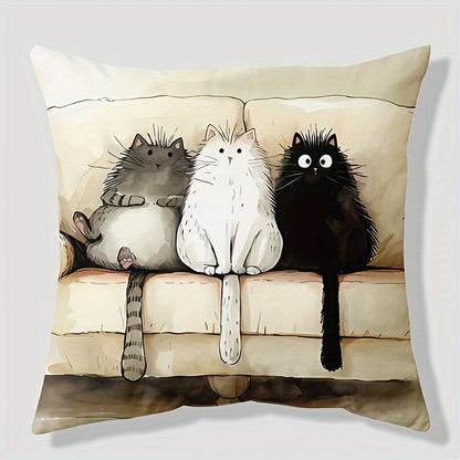 Cartoon cat print linen throw pillow cover, 44.96cm x 44.96cm - machine washable, zipper closure, woven polyester decorative case for sofa, living room, bedroom - single piece.