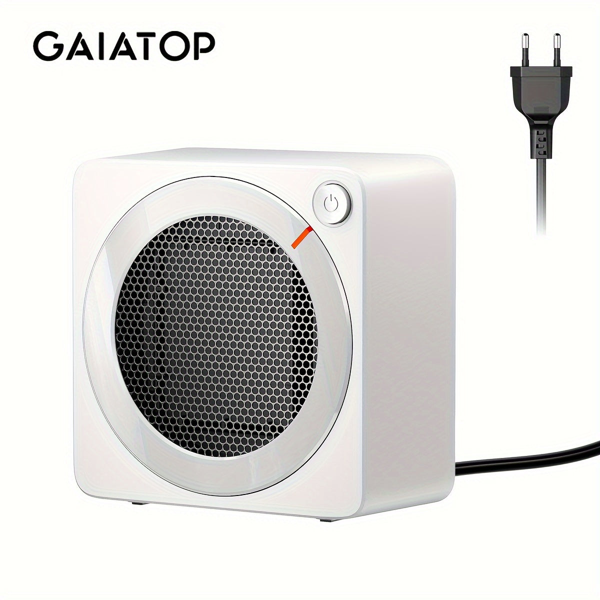 Compact GAIATOP space heater with thermostat, quiet fan, and energy-saving design for indoor use.