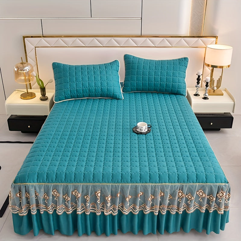 Luxury bedding set includes quilted edge bed skirt, 2 pillowcases, mattress protector, bed sheet, and duvet cover. Skin-friendly, breathable, and easy to maintain. Suitable for various