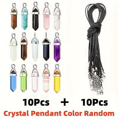 Set of 20 crystal healing point chakra pendants for Christmas fashion jewelry with black leather necklaces and storage bag. Each pendant is a synthetic stone hexagonal quartz bullet pendant, perfect for DIY necklace making.