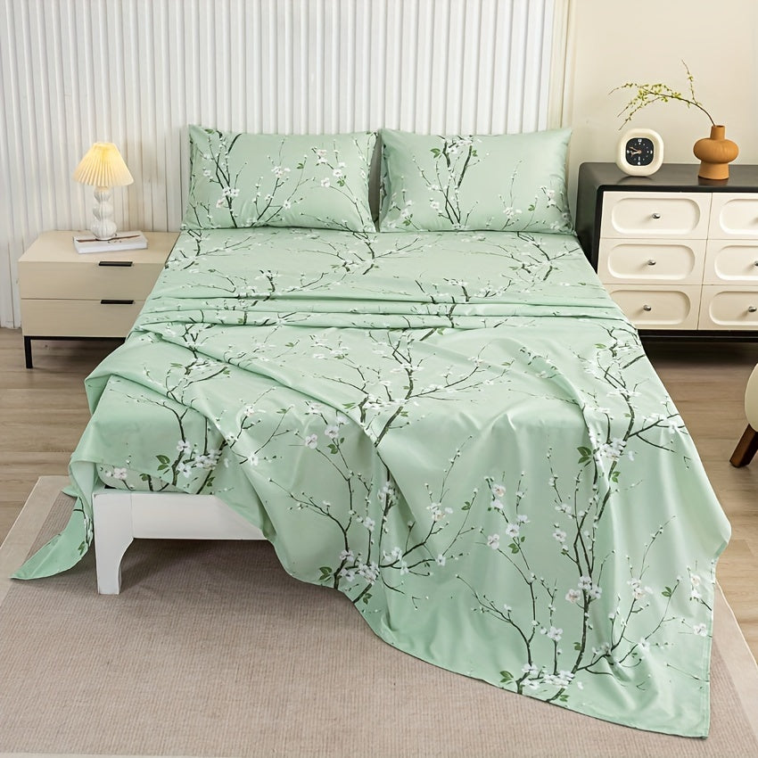 Floral Branch Fitted Sheet Set with 4 pieces, made of soft microfiber with deep pocket fitted sheet and included pillowcases. No core.