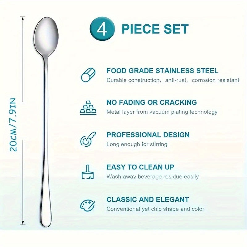 Stainless steel spoons for various uses: long handle iced tea, coffee, ice cream, and cocktail stirring.