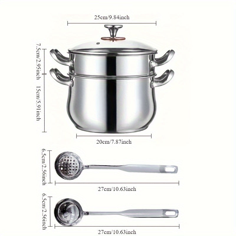 This 5-piece set of Stainless Steel Soup Pots comes with double handles and includes 2 pots, 1 lid, and 2 spoons. It is compatible with both induction cookers and gas stoves, making it perfect for preparing soup, hot pot, noodles, and seafood soup.