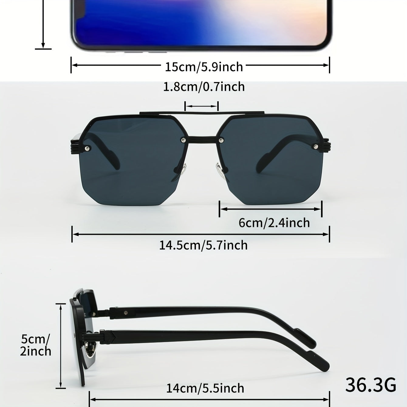 Half-frame square fashion glasses with sleek black alloy frame and PC lenses, perfect for daily wear and outdoor activities.