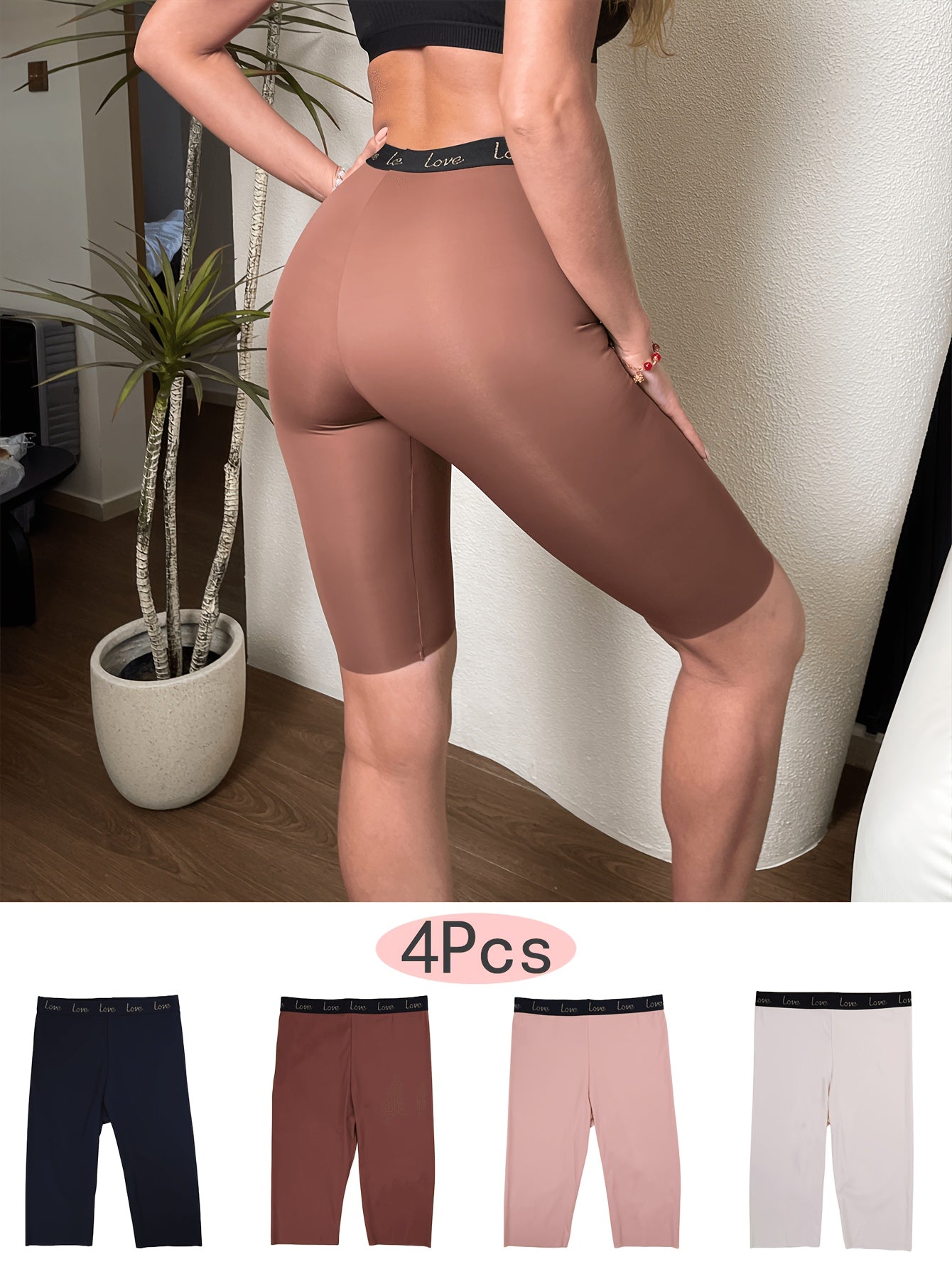 Four seamless shaping shorts for women with high support, stretch, comfort, and letter detail.