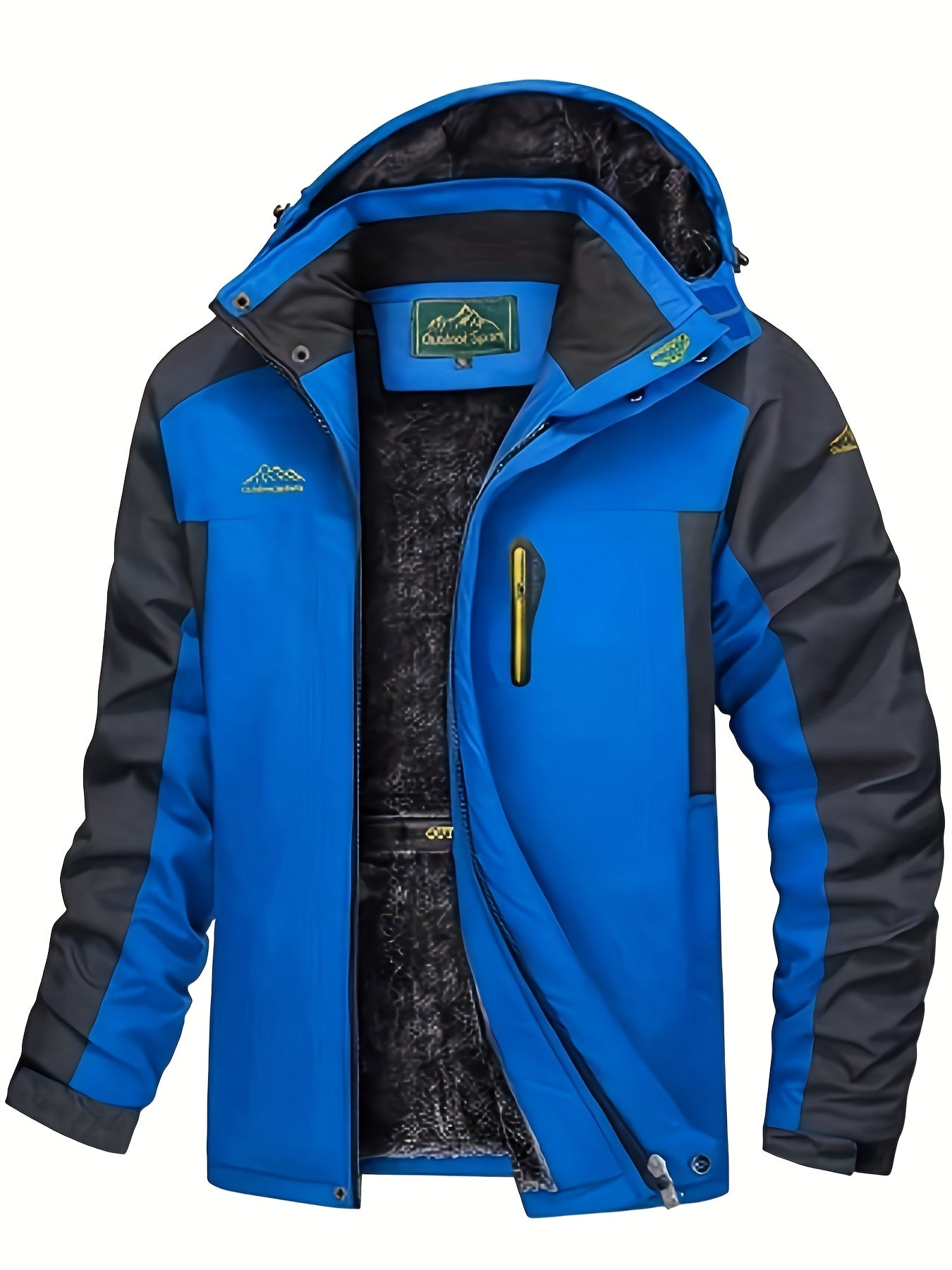 Men's winter outdoor jacket with detachable hood, warm long sleeves, multi-pocket breathable hiking raincoat made of comfortable and durable polyester fabric. Ideal for skiing, sports