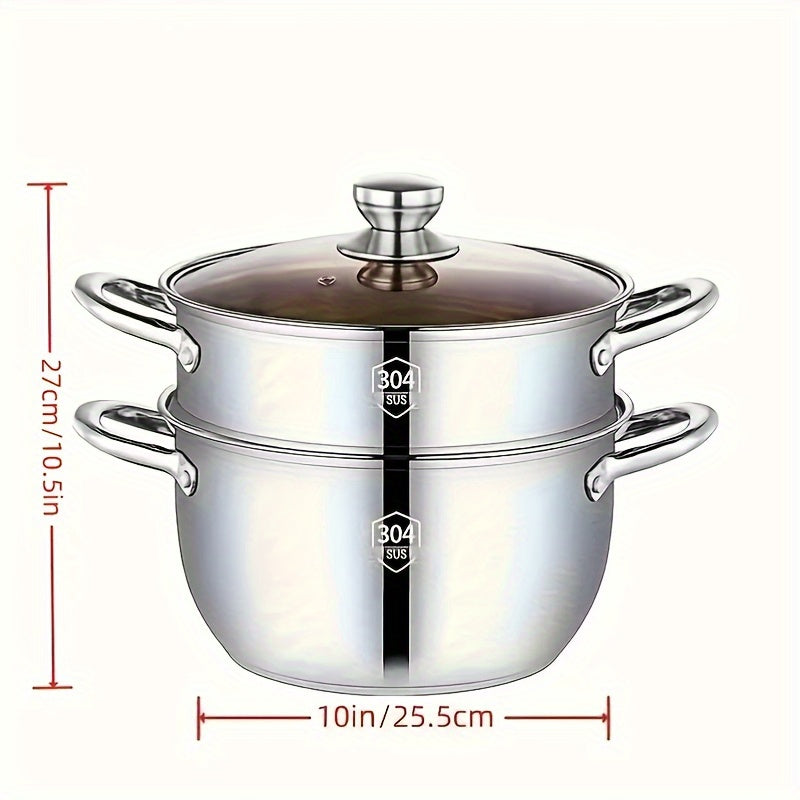 26cm 10-inch Stainless Steel Double Boiler - Large Capacity Multi-Purpose Cooking Pot with Lid, Ideal for Soup, Steam and More - Versatile Kitchen Cookware for Every Household