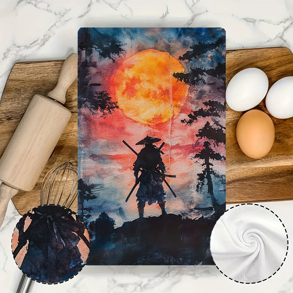 Set of 2 Ultra Soft Kitchen Towels featuring Sunset Samurai Design, Perfect for Drying Dishes - Highly Absorbent & Easy to Clean, Size 40.64x60.96 cm - Vibrant Japanese-Inspired Decor for Home & Kitchen, Dish Hand Towels