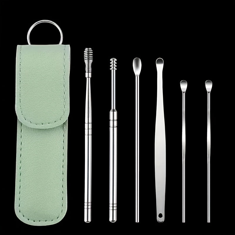 Durable stainless steel ear cleaning set with rotating cleaning stick and storage bag. Safe and convenient for home and travel use, makes a great holiday gift.