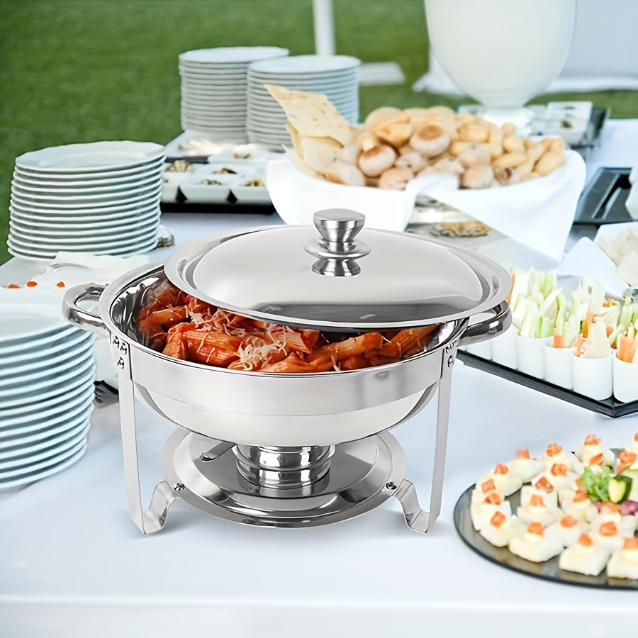 Keep your dishes warm with this stainless steel buffet warmer set, complete with detachable chafing dish, lid, and fuel stand. Ideal for family gatherings, outdoor camping, and holiday parties. This set includes a water pot and makes the perfect