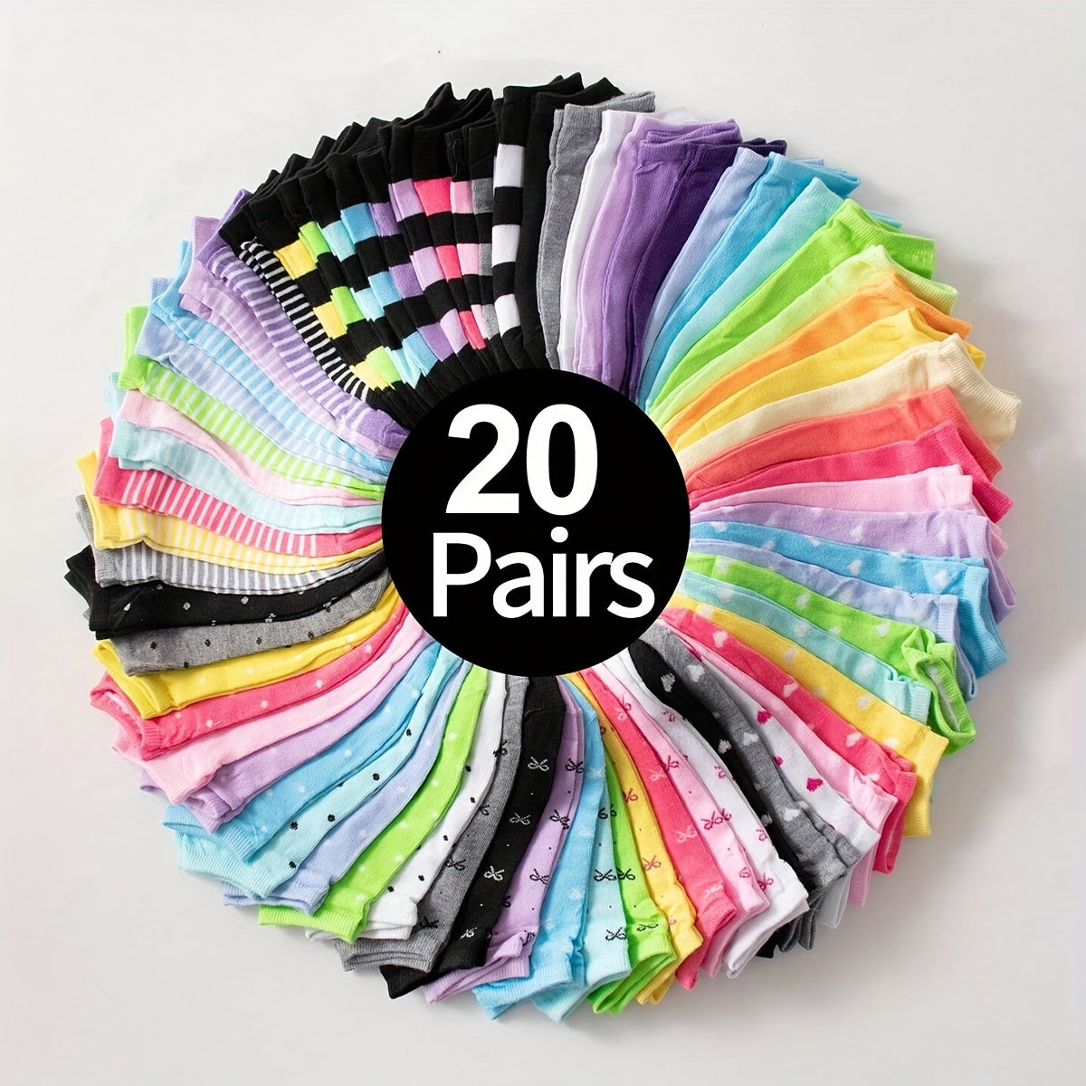 20 pairs of soft and breathable candy-colored ankle socks for women.