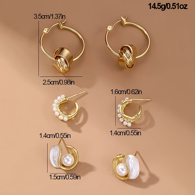 Stylish 3-piece earring set for women featuring pearls, flowers, and geometric designs. Made of fashion alloy with synthetic zirconia, inspired by Japanese and Korean fashion. Suitable for