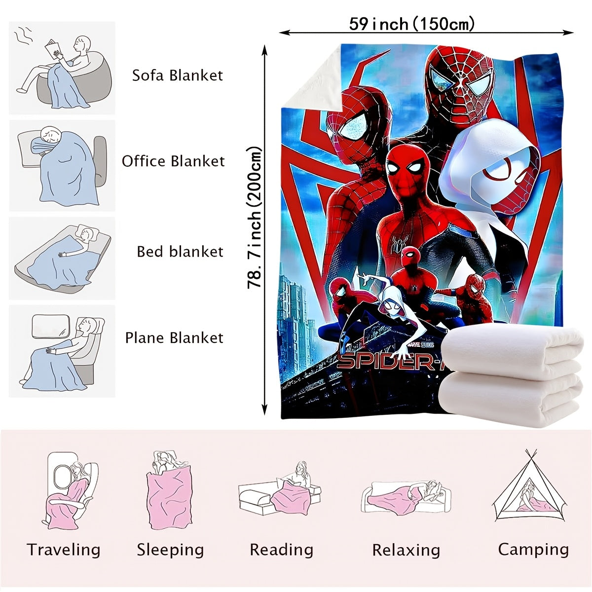 Four Spider-Man-themed decorative blankets that can be used as carpets, bed covers, towels, nap blankets, leisure blankets, and travel blankets. Made from knitted polyester, these blankets are modern and versatile, suitable for use in all seasons.