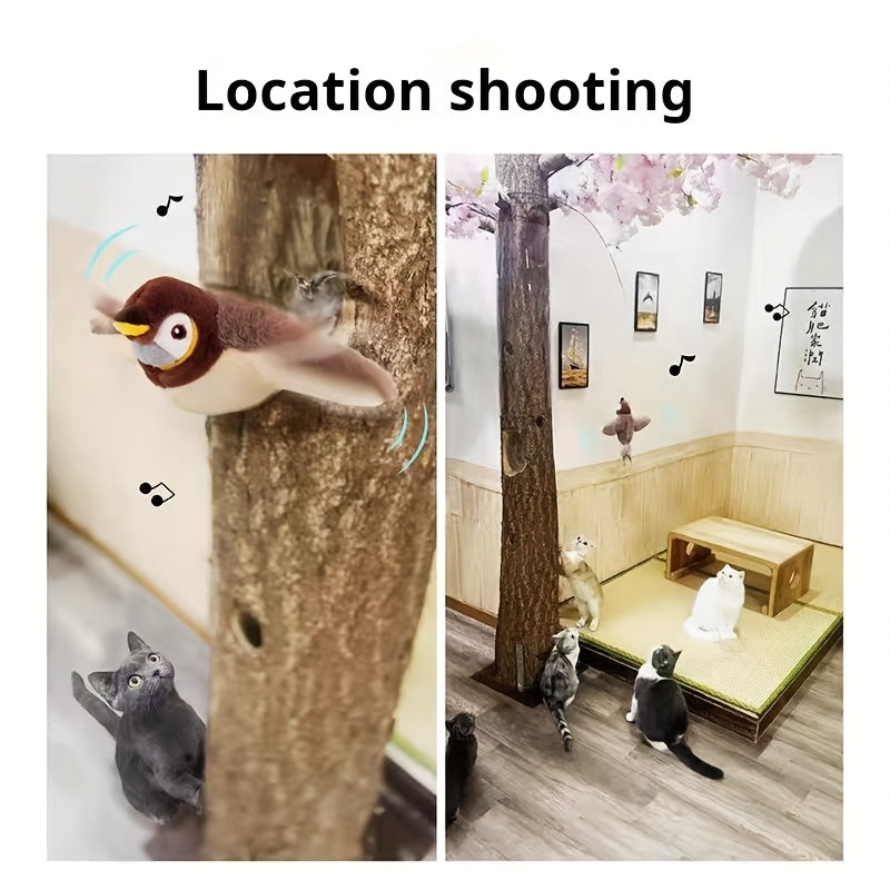 Interactive electric cat toy that simulates bird sounds and movements to provide both physical and mental stimulation for your cat. The tail is made of artificial feather-polyester material.