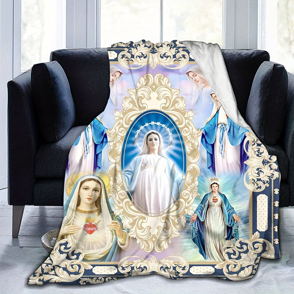 Guadalupe Virgin Mary Religious Blanket in Contemporary Flannel Style - A Soft and Cozy Fleece Throw with Digital Printing, Machine Washable and Multipurpose Gift for Christian Catholics. Made of 100% Polyester, Suitable for All Seasons.