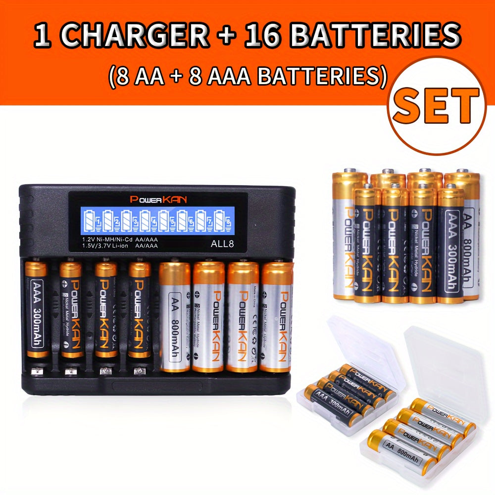 PowerKAN set includes high-quality 1.2V NiMH rechargeable AA & AAA batteries with ALL8 charger, suitable for rechargeable and discharge cycles. Pack includes 8x 800mAh AA and 8x 300mAh AAA