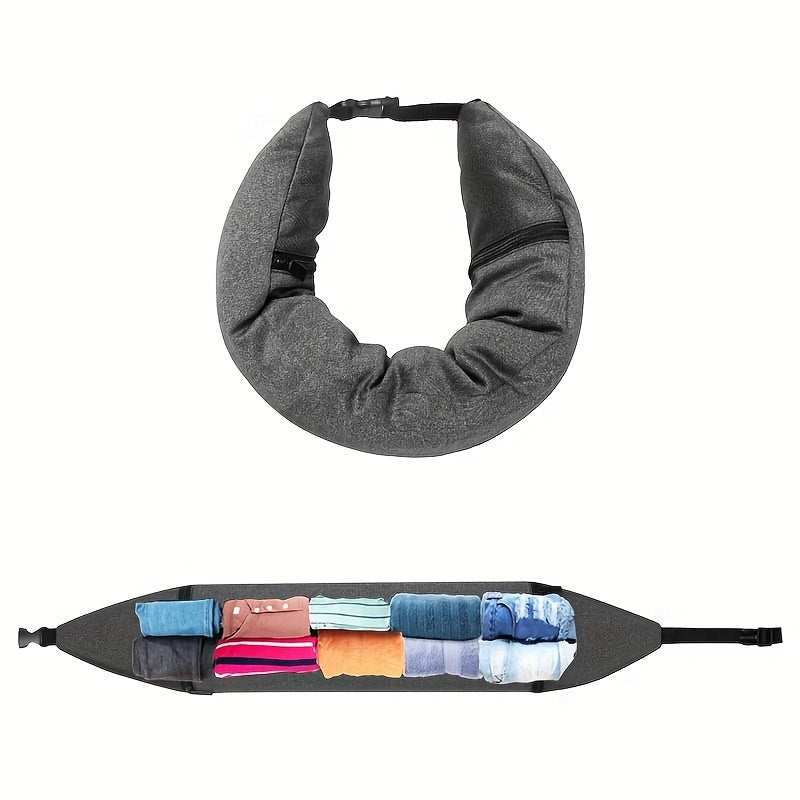 Travel comfortably and efficiently with the Portable 3-in-1 Neck Pillow, featuring built-in clothes storage. Made with a soft knitted polyester cover that is easy to spot clean with no printing, this lightweight pillow weighs only 250-300 gsm. An