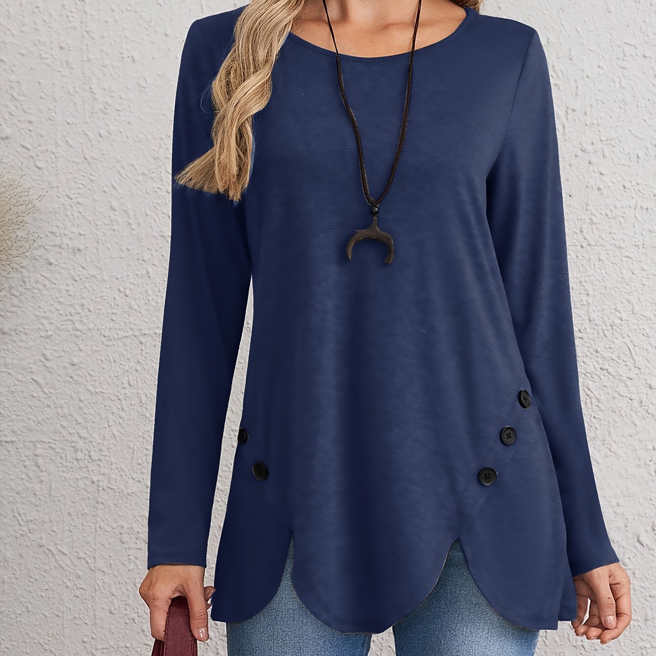 Stylish European & American Long Sleeve T-Shirt for Women - Features Decorative Buttons, Crew Neck, Stretchy Polyester Blend - Ideal for Spring/Fall seasons.