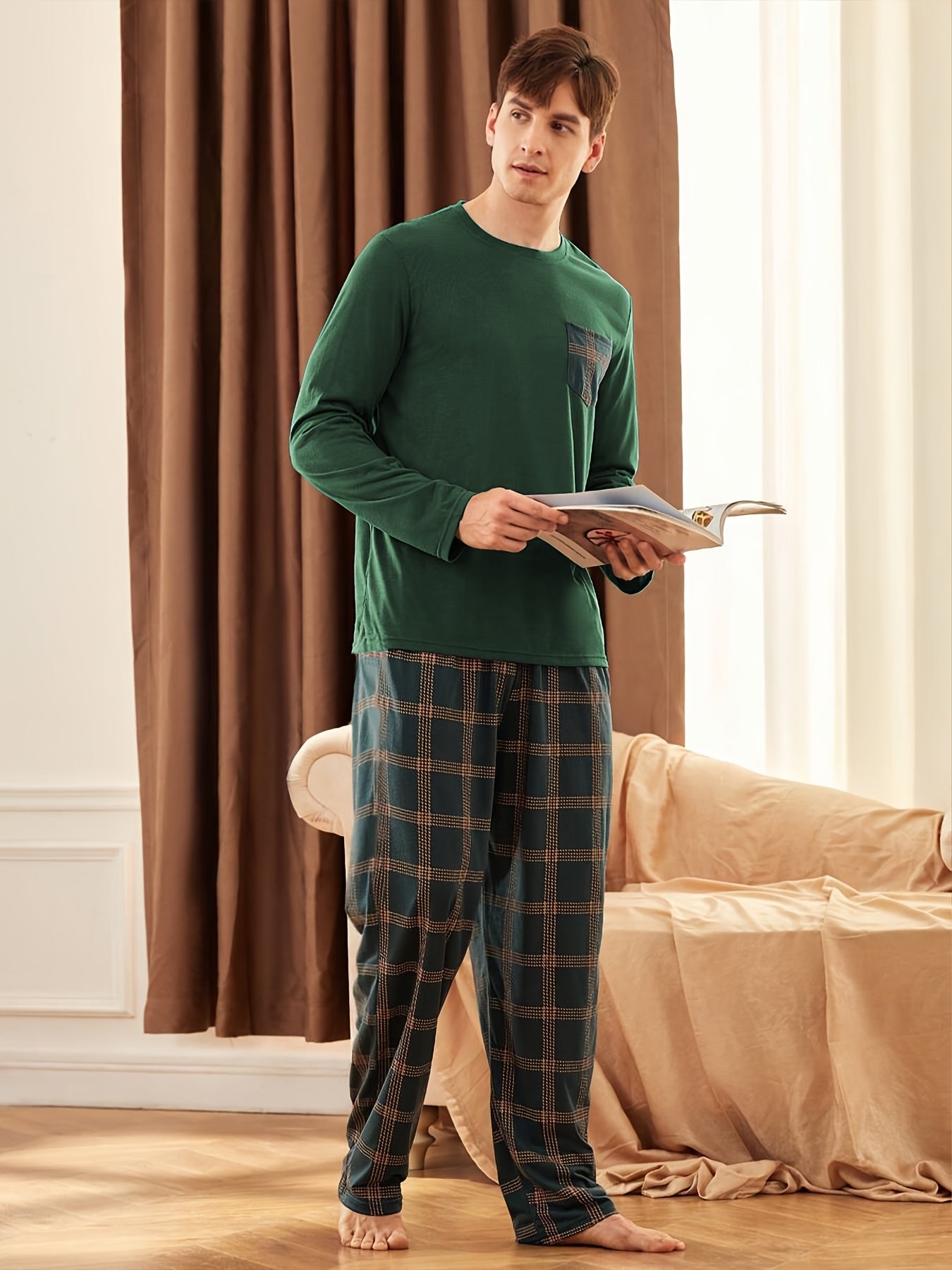 Dark green men's long-sleeve shirt and plaid trousers pajama set