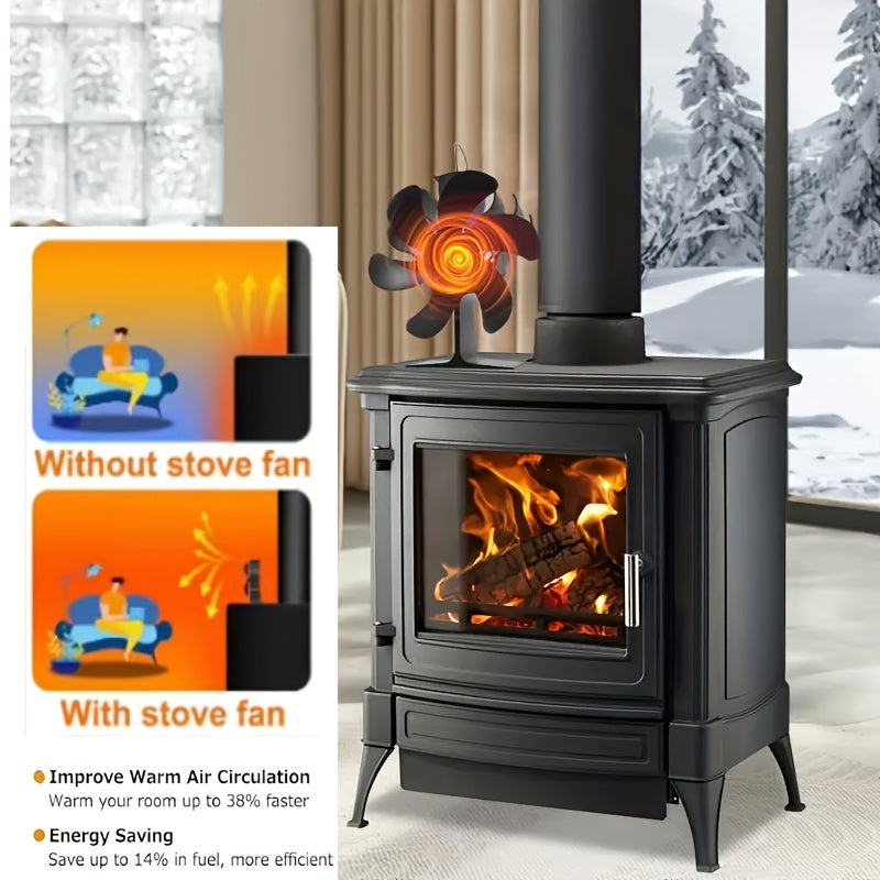 Premium 6-Blade Fireplace Fan - Provides Quiet and Efficient Heat Distribution for Wood and Log Burners, No Electricity Required, Vertical Design, Wooden Combustion, Ideal for Home Use