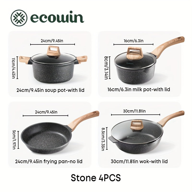 Cook like a pro with the Ecowin 4-piece non-stick cookware set featuring Maifan stone coating. This set includes a frying pan, wok, milk pot, and soup pot, all with matching lids. Compatible with all stovetop types for versatile cooking options.