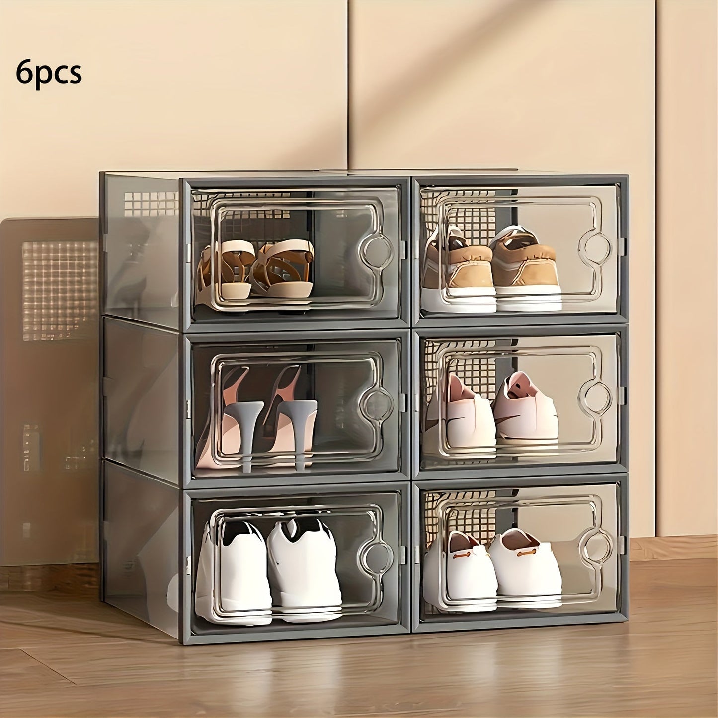 12/6 pieces of black transparent XL plastic shoe storage boxes with lids. These square shoe organizer cabinets are waterproof, multi-purpose, and have a flip-top lid design. Perfect for home and kitchen storage drawers.