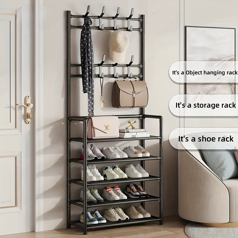 4-5 Tier Metal Shoe Rack with 8 Hooks - Stainless Steel, Multi-Functional Organizer for Home, Dorm, and Rental Spaces