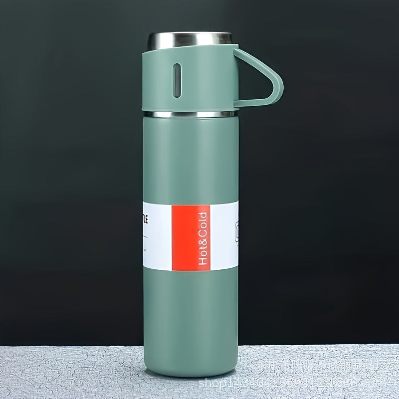 Stainless steel vacuum flask, leakproof, BPA-free, hand wash only - ideal for camping and hiking.