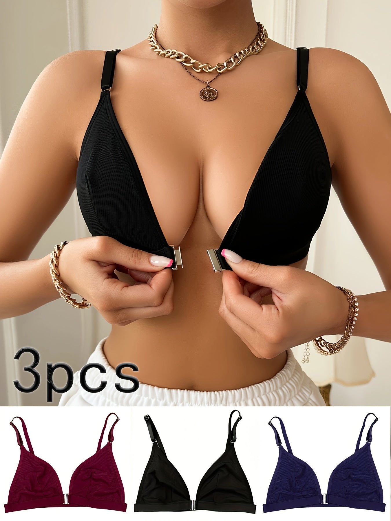 3-piece solid wireless cami bra set with front closure for elegant comfort, push-up support, and lingerie for women