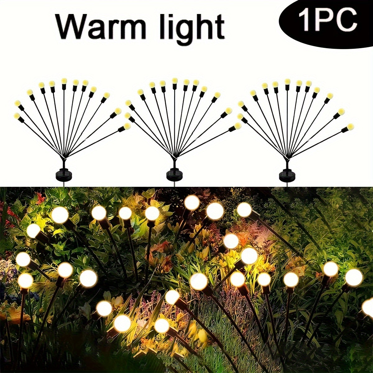 Solar LED firefly lights for outdoor garden decoration, ideal for parties, weddings, and landscapes. Available in packs of 4, 8, or 12 LEDs.