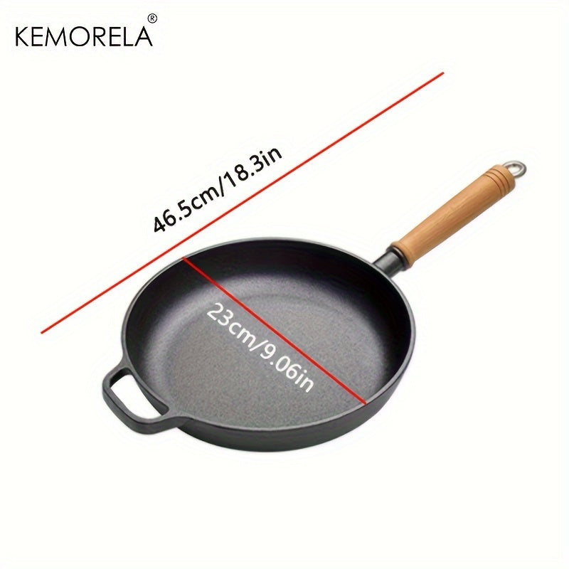 Experience the quality of the KEMORELA Premium Cast Iron Skillet. This uncoated, non-stick cookware is versatile and suitable for gas, electric, and induction stoves. Perfect for cooking steak, omelets, and more, this skillet features wooden anti-scald