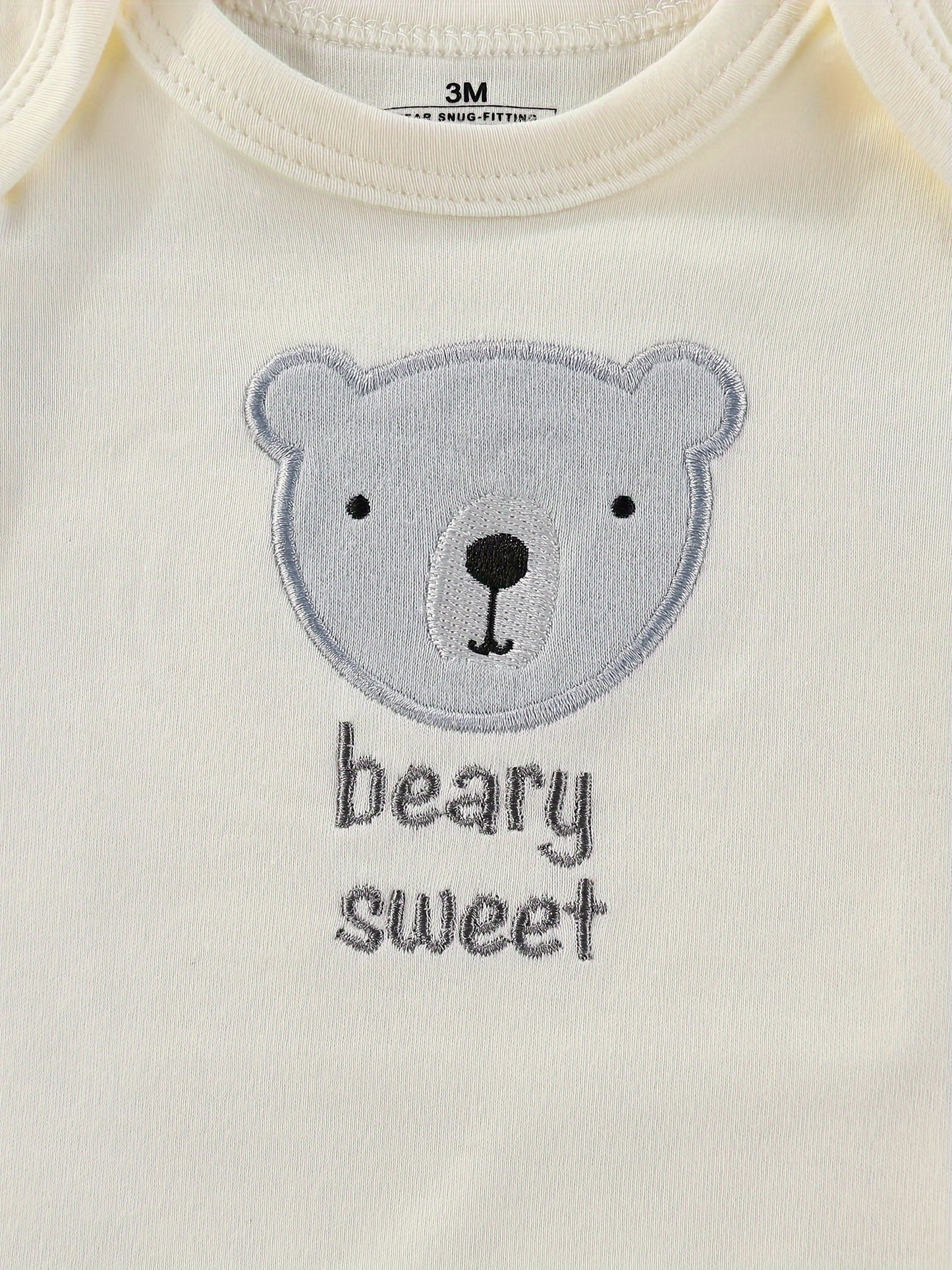 Baby boy's short sleeved cotton jumpsuit featuring plain color, stripes, bear embroidery, and bear heads print. Soft, breathable, and perfect for summer daily and outdoor wear.