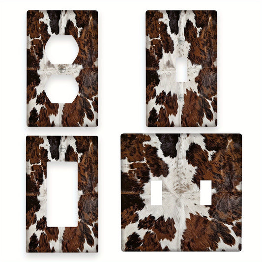 Cowhide pattern wall plate for indoor/outdoor use, fits 1-2 sockets in bedroom, kitchen, or bathroom.