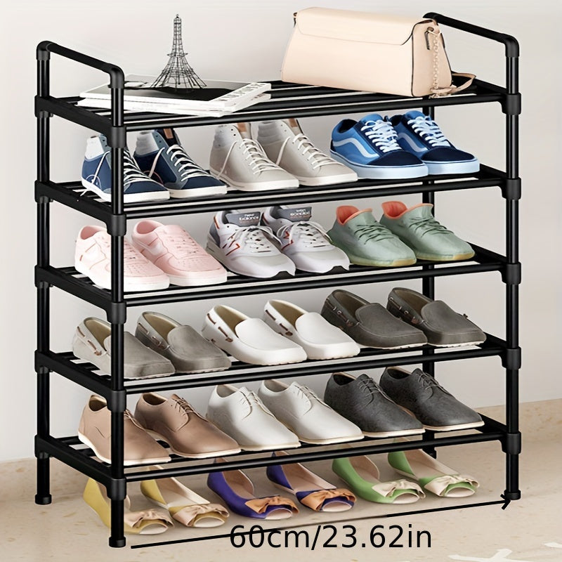 Versatile black metal shoe rack for entryway, bedroom, or outdoor storage; non-waterproof for use in garden, lawn, or patio.