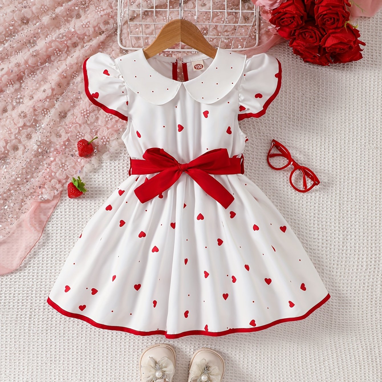 Girls' sleeveless strawberry print dress with ruffle hem, red belt - casual polyester, machine washable - ideal for summer.