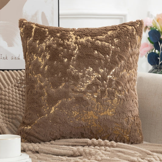 Two elegant plush fur cushion covers in white and golden colors, measuring 17x17 inches. These decorative throw pillow cases feature a luxurious golden vein detail and are zippered for easy removal and cleaning. Hand washable for living room sofa decor