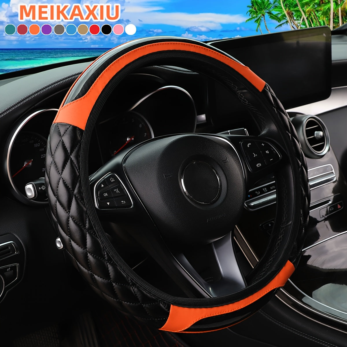 MEIKAXIU 3D Embroidered Crystal Carbon Fiber Faux Leather Steering Wheel Cover, Universal Fit for 36.83-38.1 cm, Available in 5 colors.