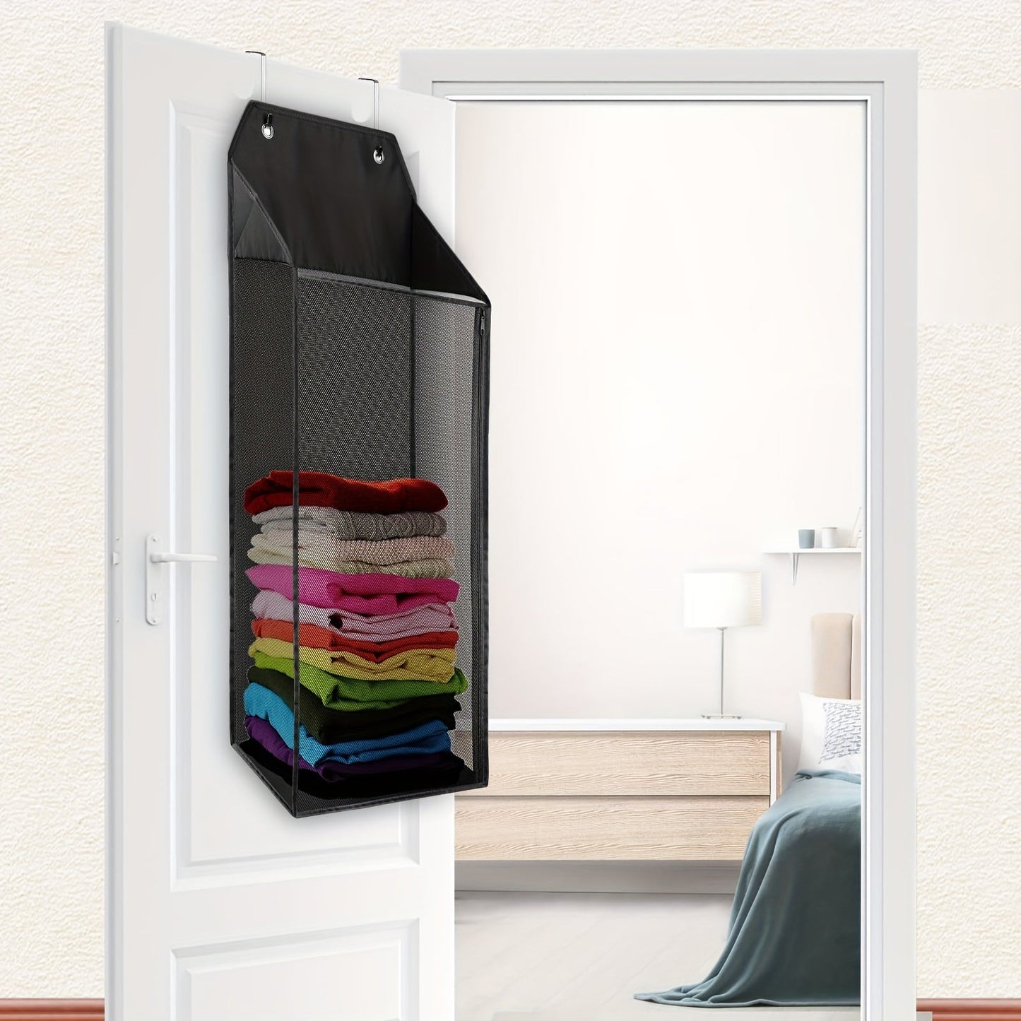 Foldable hanging laundry hamper with hooks, zipper, and large mesh design - ideal for bathrooms, dorms, and small spaces. Convenient wall-mounted storage basket for dirty clothes. Ideal for laundry organization.