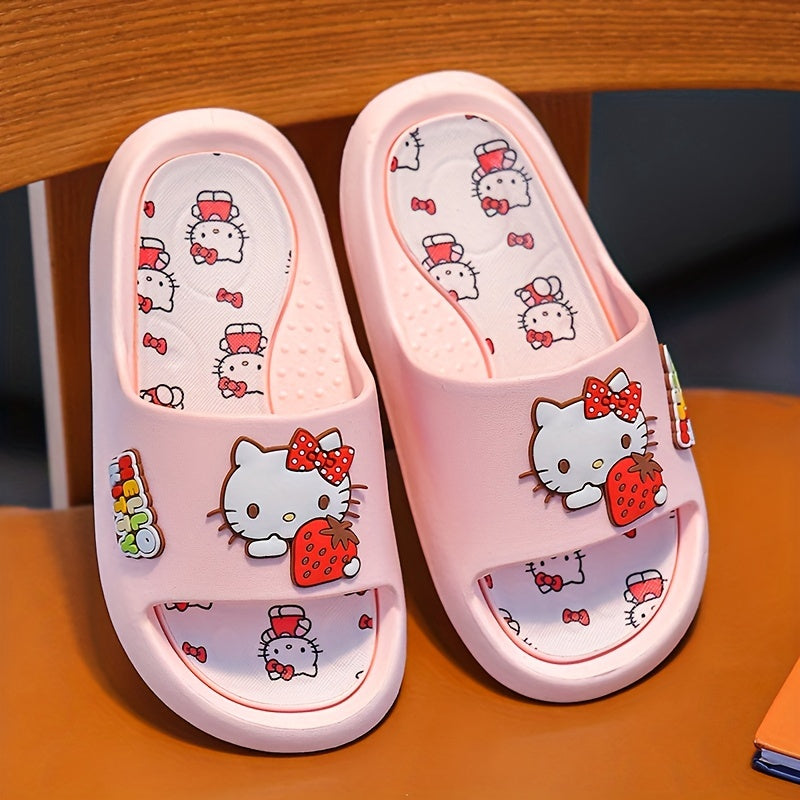 Hello Kitty Girls' Slippers - Pink Non-Slip Indoor Slides with Cartoon Design, PVC Material, Ideal for Spring/Summer.