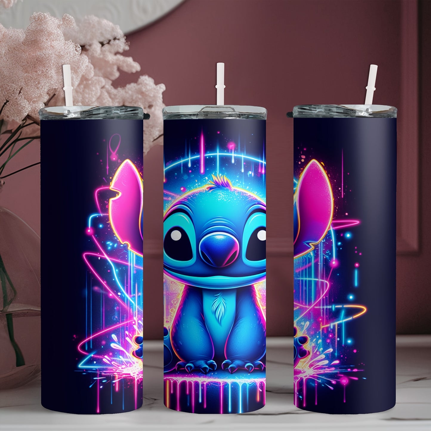 20oz stainless steel water bottle with cartoon character design, insulates hot and cold beverages, includes straw for drinking.