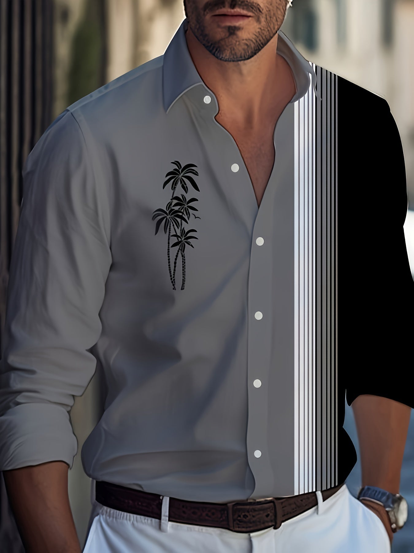 Men's oversized shirt for spring, summer, and autumn. Beach collar design with long sleeves for a stylish look.