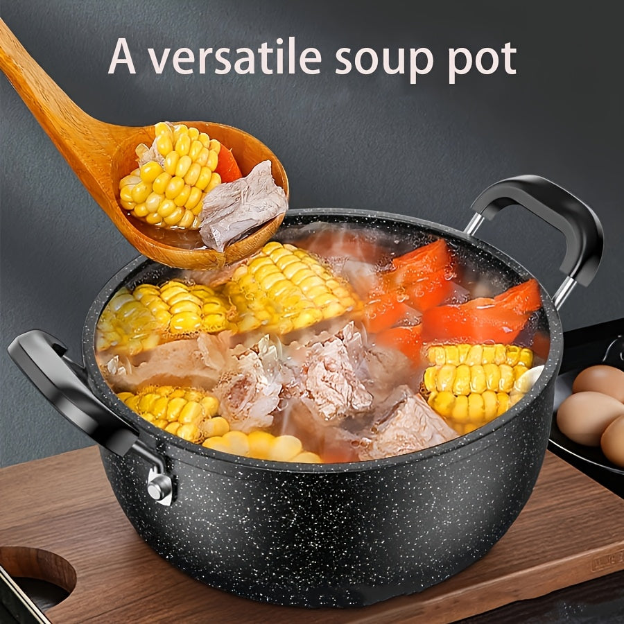 Large capacity, dual-handled cast iron soup pot with versatile non-stick coating, great for stewing and frying. Comes with lid, lid style may vary.