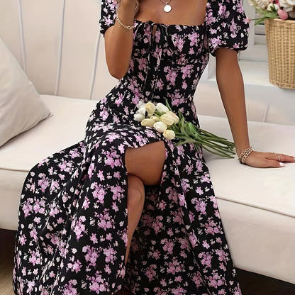 Floral print puff sleeve dress with split hem, perfect for spring & summer.